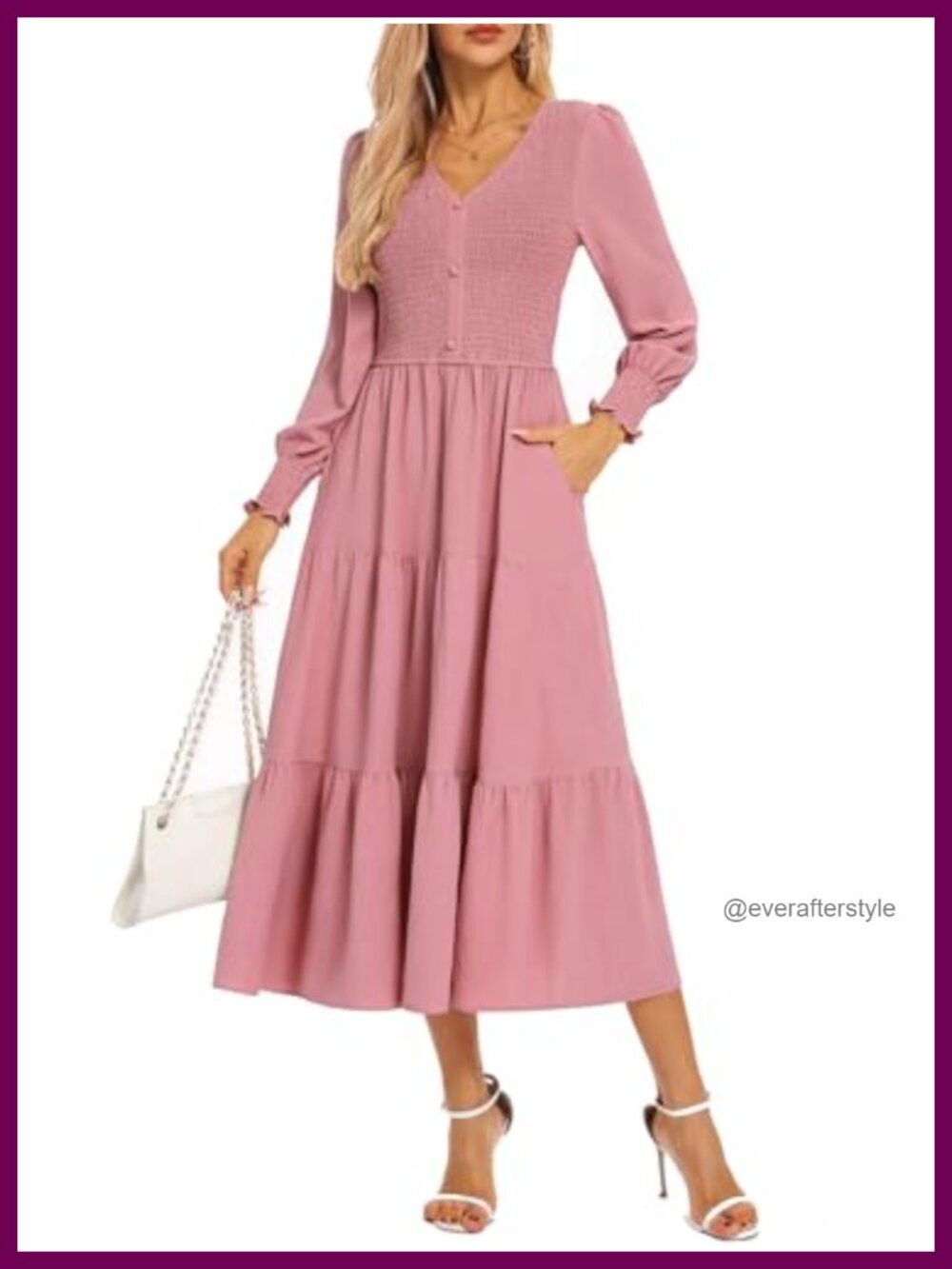 Long Sleeve Maxi Dress Smocked Waist Pockets V-Neck A-Line Work Dress